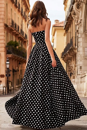 Strapless A Line White Black Dots Long Prom Dress